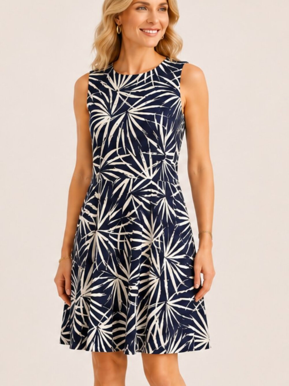 Taylor Navy and Cream Palm Print Dress